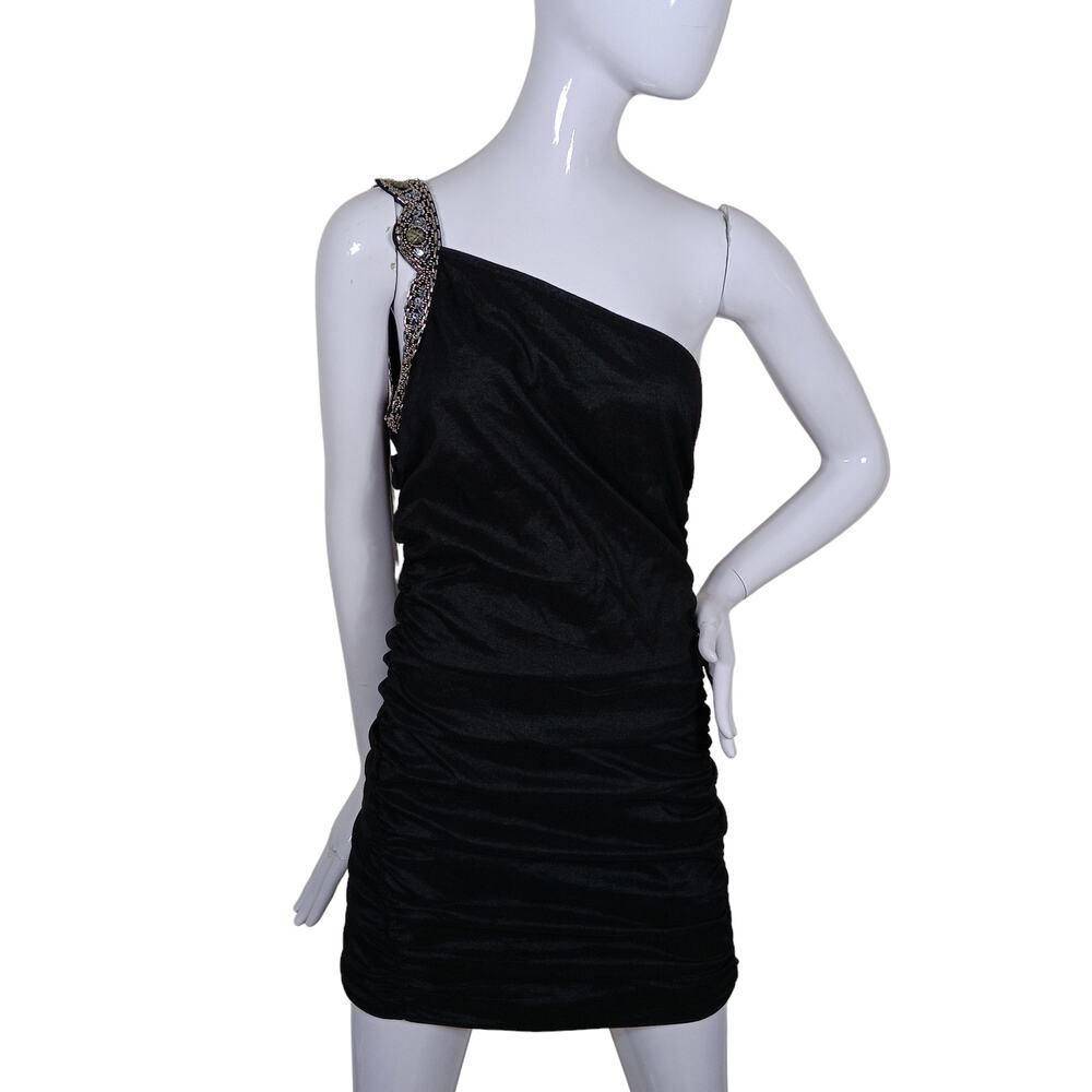 Nikibiki One Shoulder Dress Size Large Juniors Black Shirred Mini Beaded Strap